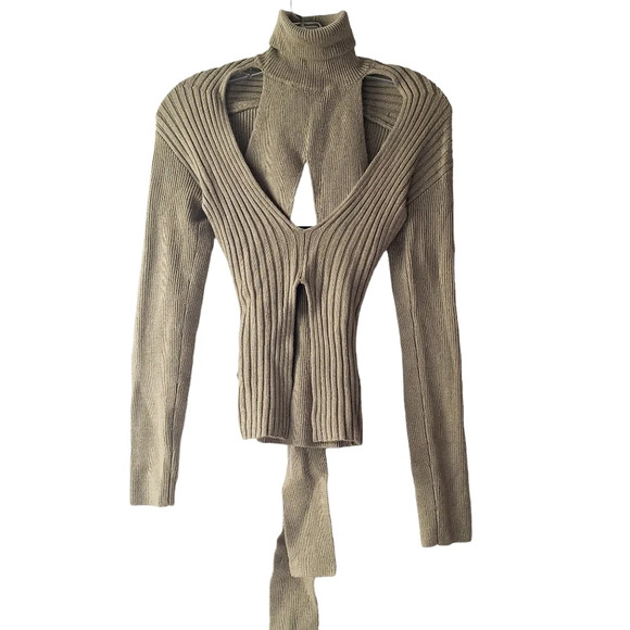 NWT Dion Lee Size XS/2 Warm Khaki Cable Cut-Out Back Tie Turtleneck Sweater - Picture 4 of 16